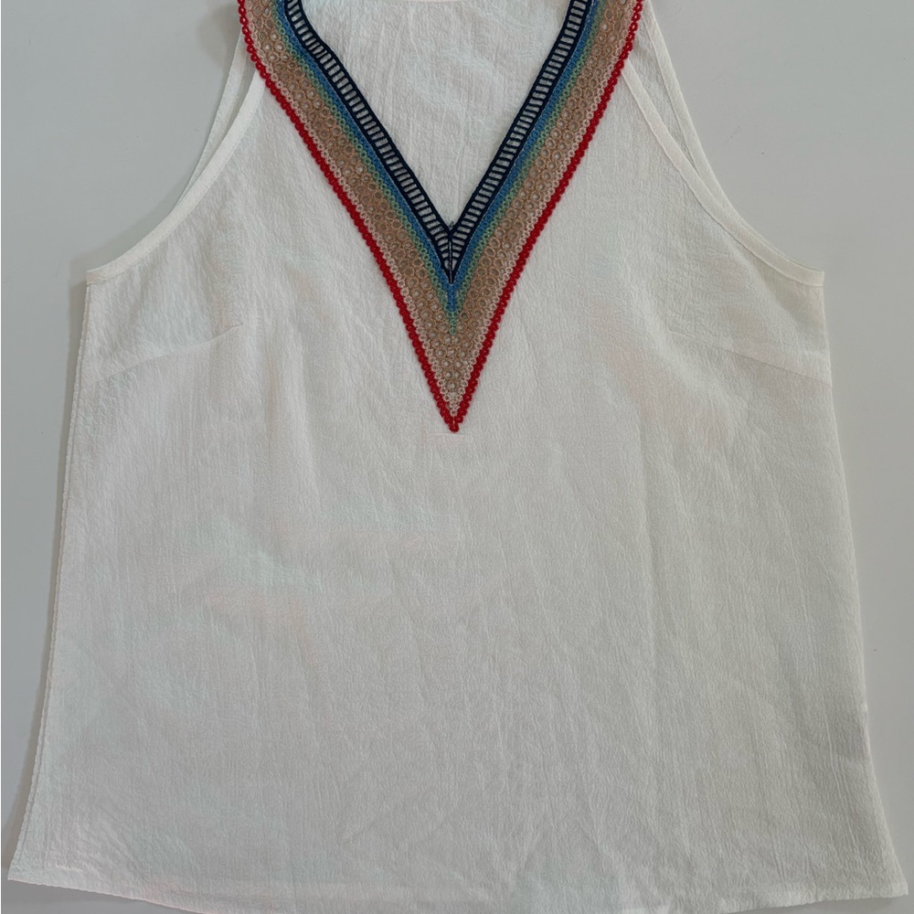 Embroidered V-Neck White Tank Top